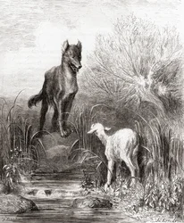 Der Wolf und das Lamm, aus einer Ausgabe der Fabeln von La Fontaine vom Ende des 19. Jahrhunderts